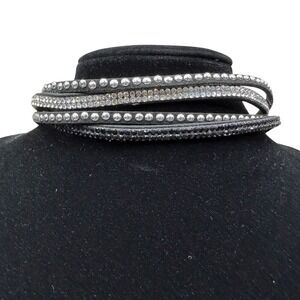 Multi-Strand Wrap Choker Necklaces Black Faux Leather Rhinestone Studded Snap
